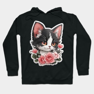 Cute black and white kitten in watercolour with floral design Hoodie